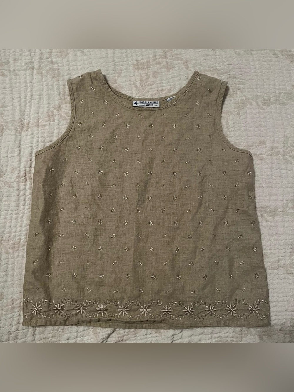 Marsh Landing Olive Embroidered Linen Tank